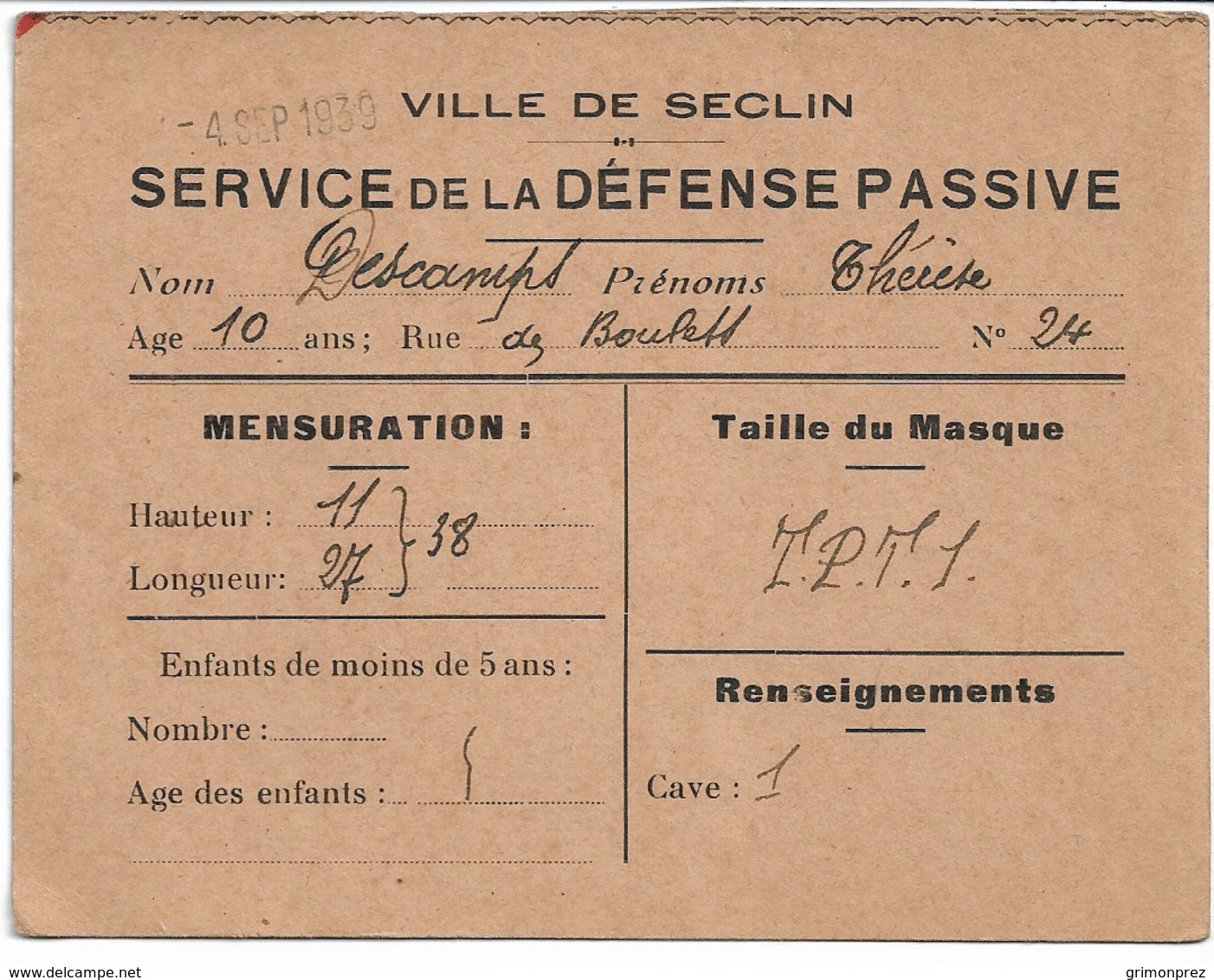 NORD 59 SECLIN WW2 Défense Passive Ville De Seclin 4 Septembre  1939 Carte De Réservation Pour Un Masque à Gaz Enfant - Documentos Históricos