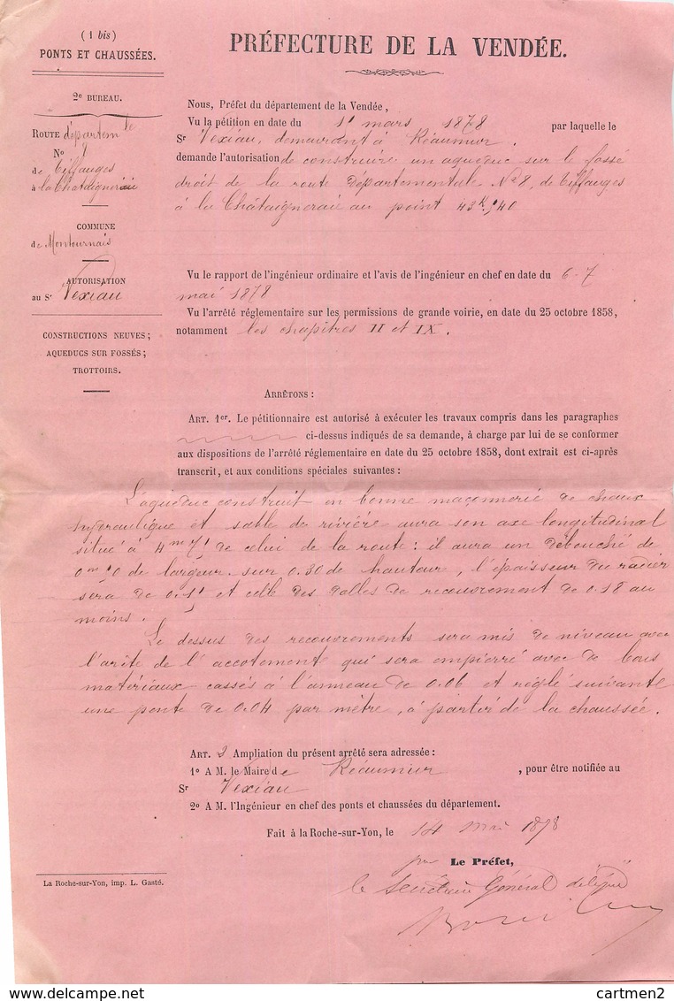 REAUMUR PONTS ET CHAUSSEES CONSTRUCTION AQUEDUC TIFFAUGES CHATAIGNERAIE 1878 MAIRE RAOUL DE VEXIAU 85 VENDEE - La Chataigneraie