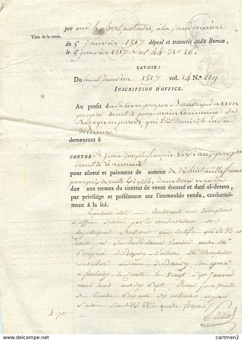 REAUMUR LA MOTHE-SAINT-HERAY FONTENAY-LE-COMTE JEAN-JOSEPH-FRANCOIS DE VEXIAU HYPOTEQUES ACTE NOTARIE 1817 VENDEE - La Chataigneraie