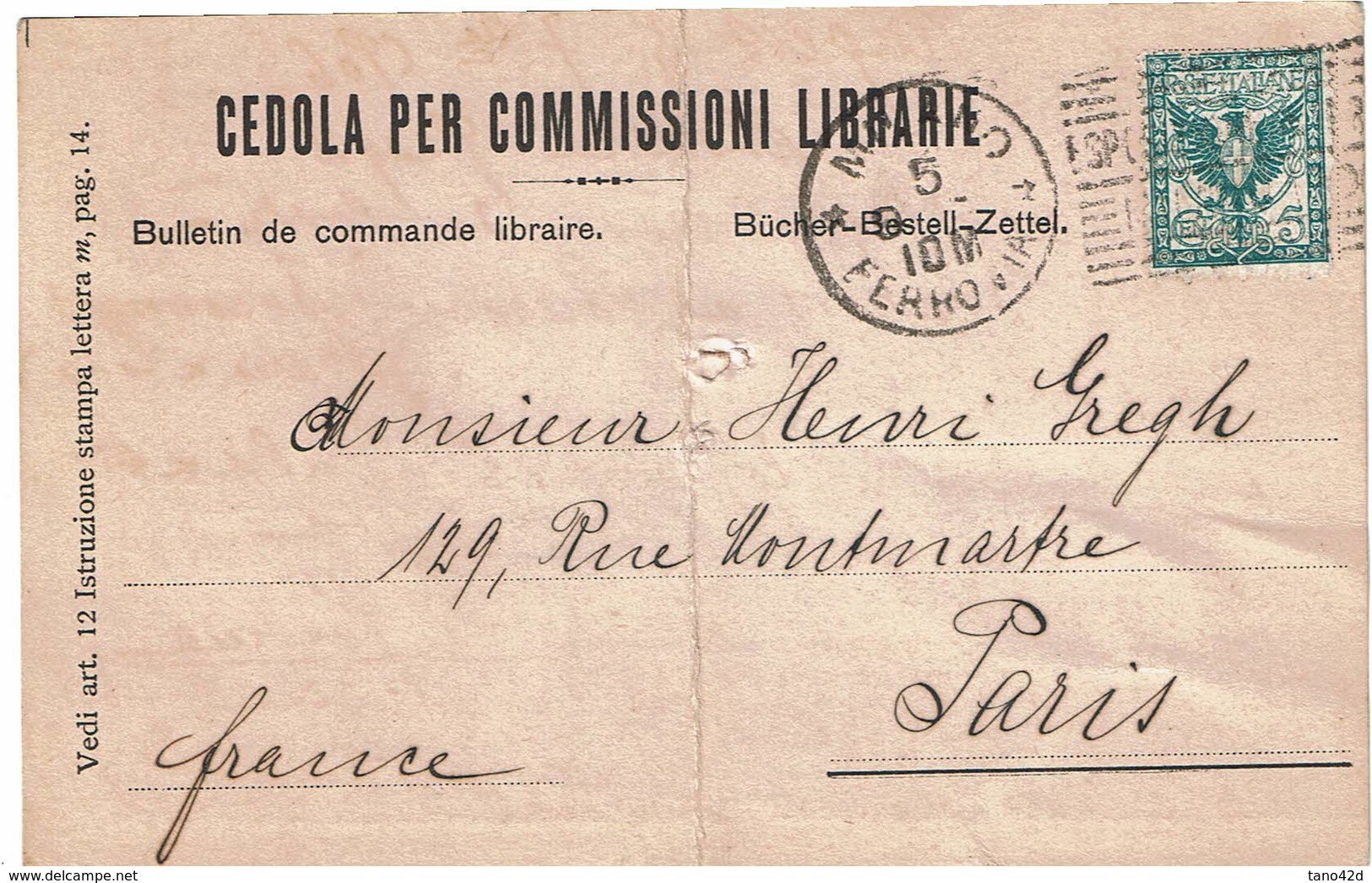 CHTD/V - ITALIE CEDOLA PER COMMISSIONI LIBRARIE SEPTEMBRE 1909 - Storia Postale
