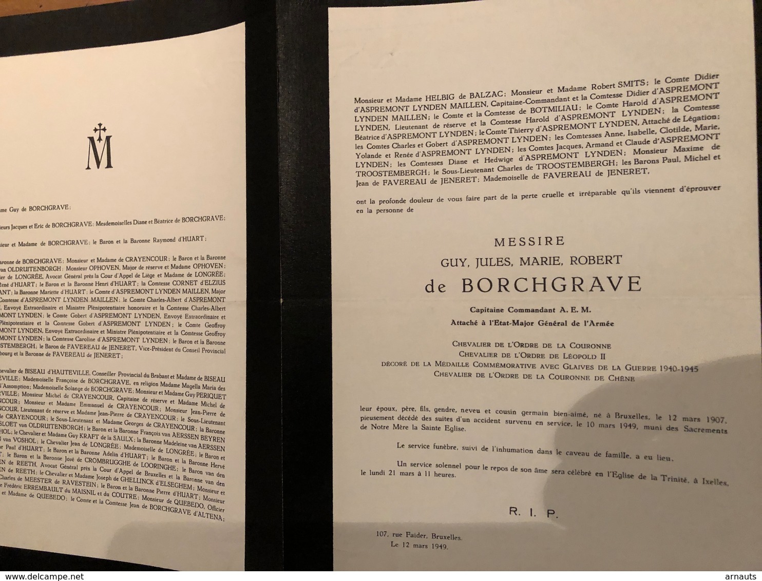 De Borchgrave Guy Capitaine Commandant *1907 Bruxelles +1949 Suites Accident En Service Ixelles D’Huart - Todesanzeige