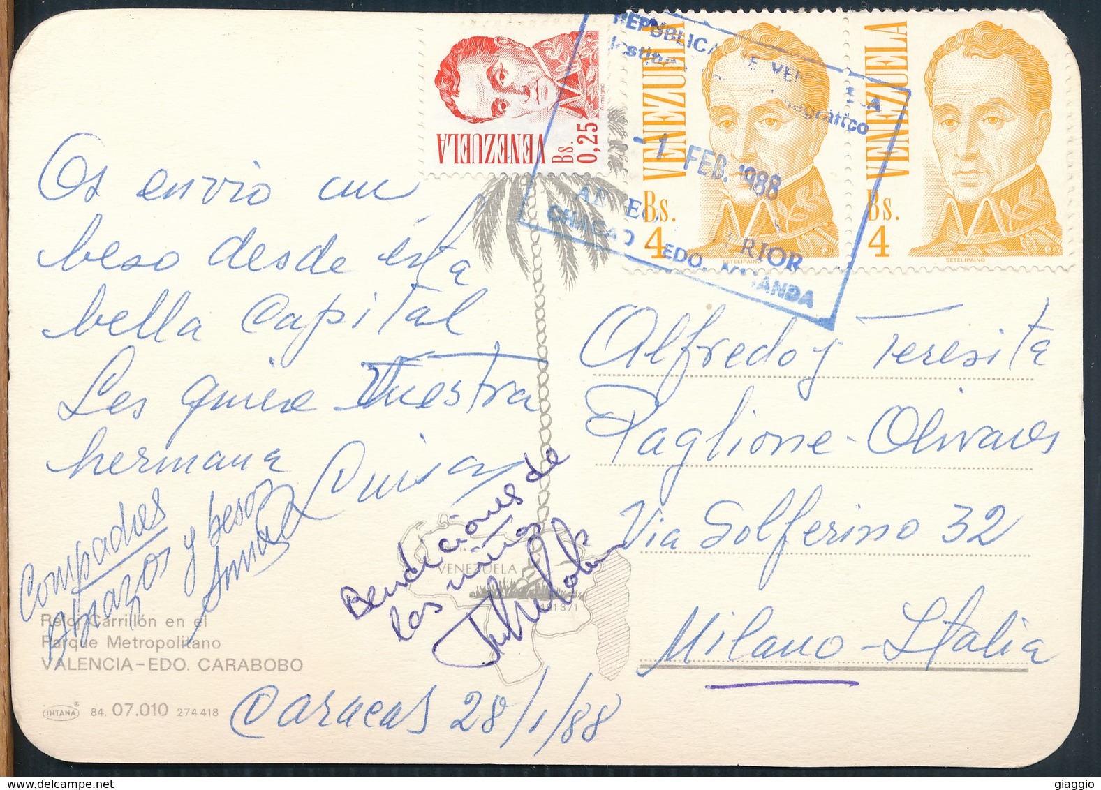 °°° 19187 - VENEZUELA - EDO CARABOBO - 1988 With Stamps °°° - Venezuela