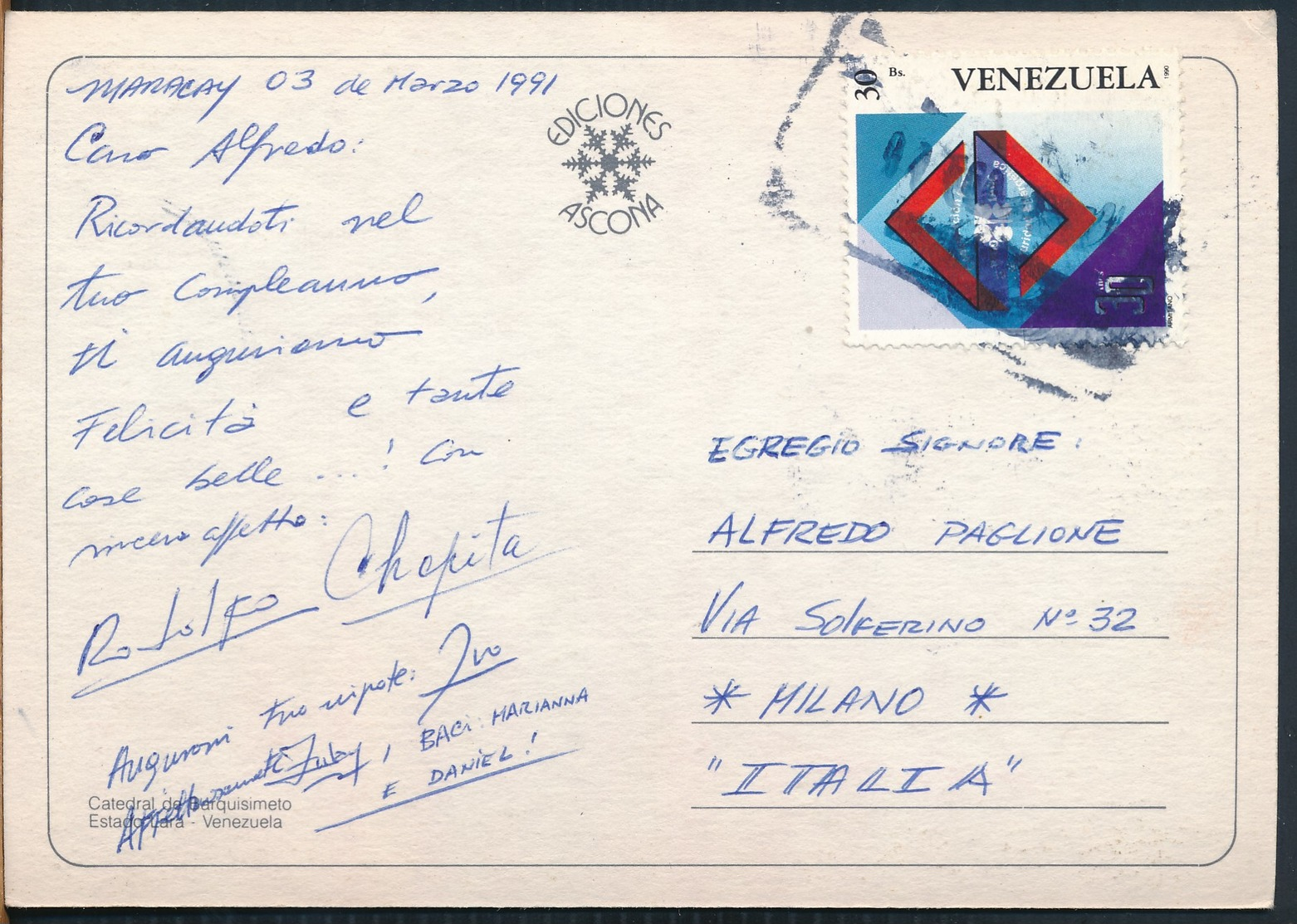 °°° 19190 - VENEZUELA - CATEDRAL DE BARQUISIMETO - 1991 With Stamps °°° - Venezuela