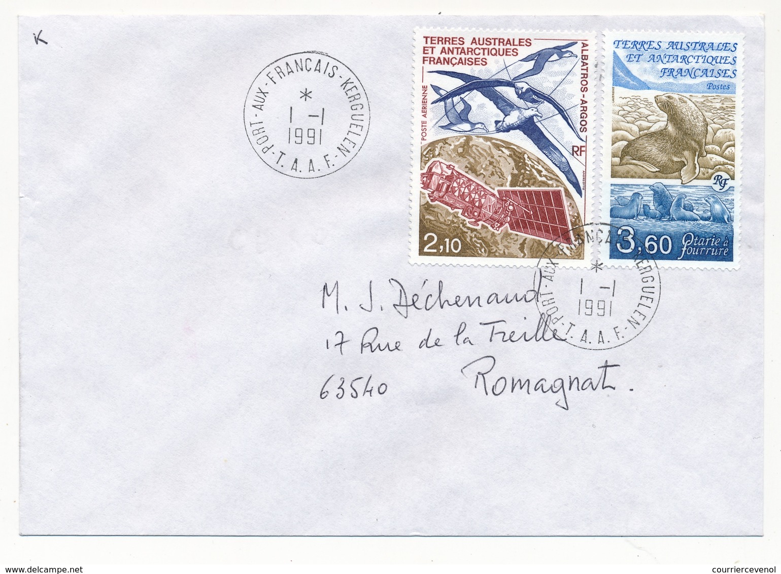 TAAF - Enveloppe Affr 2,10 Albatros Argos + 3,60 Otaries - Obl "Port Aux Français Kerquelen" 1/1/1991 - Storia Postale