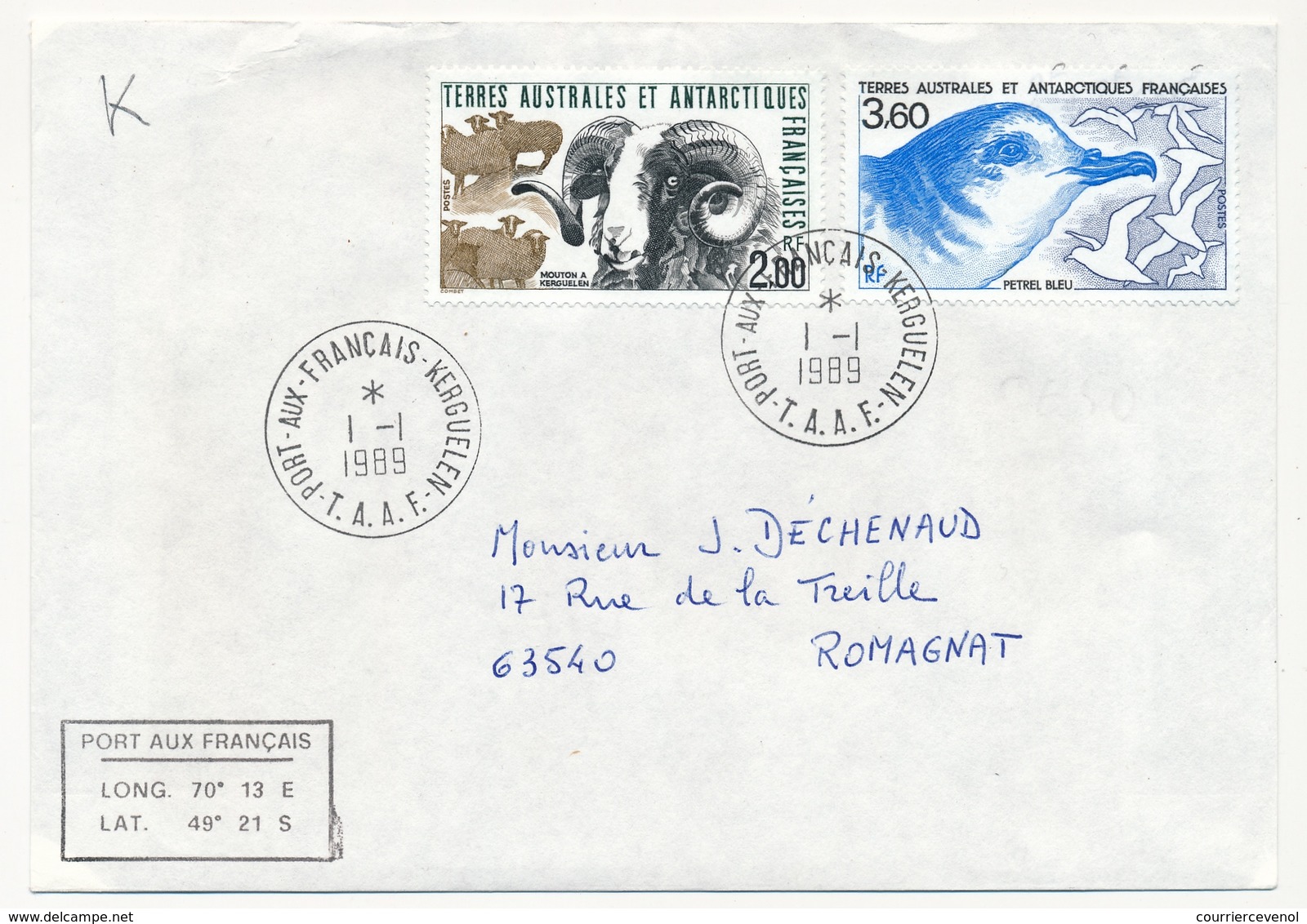 TAAF - Enveloppe Affr 2,00 Mouton + 3,60 Petrel Bleu - Obl "Port Aux Français Kerquelen" 1/1/1989 - Storia Postale