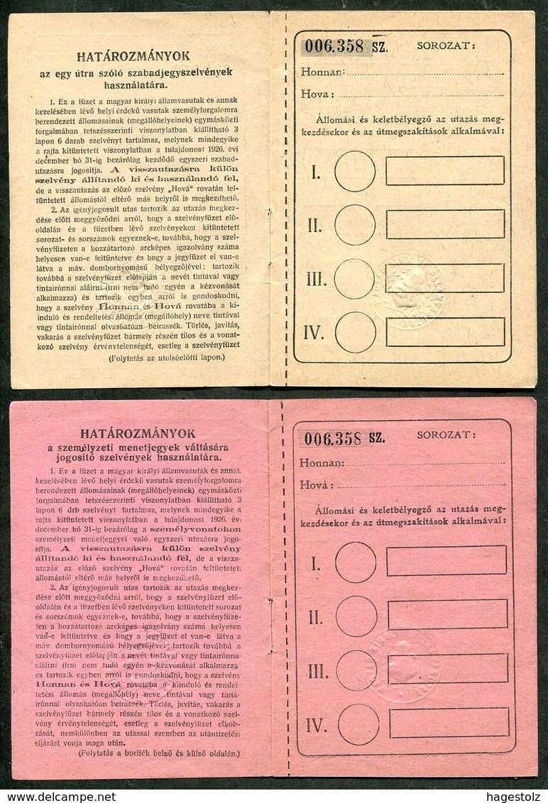 Hungary 1926 Railway Service Free Ticket ID + Additional Coupon Booklets (same Nr.) Eisenbahn Fahrschein Billet De Train - Europa