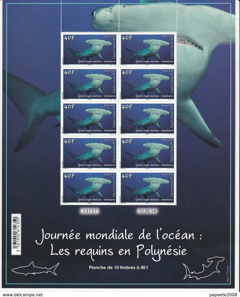 Polynésie Française / Tahiti - Planche / Feuille De 10 Timbres Neufs / 40 F / 12-05-2014 / Les Requins De Polynésie - Neufs