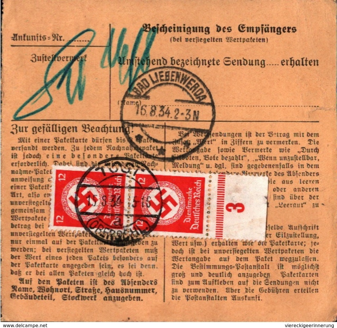 ! 1934 Paketkarte Deutsches Reich, Tost In Oberschlesien Nach Liebenwerda, Dienstmarken, Bogenrand - Briefe U. Dokumente