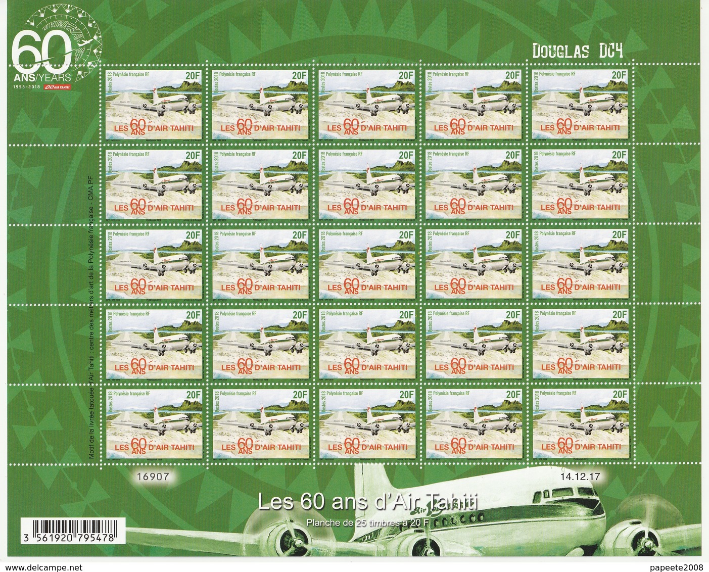 Polynésie Française / Tahiti - Planche / Feuille De 25 Timbres Neufs / 20 F / 14-12-2017 / Les 60 Ans D'Air Tahiti - Unused Stamps