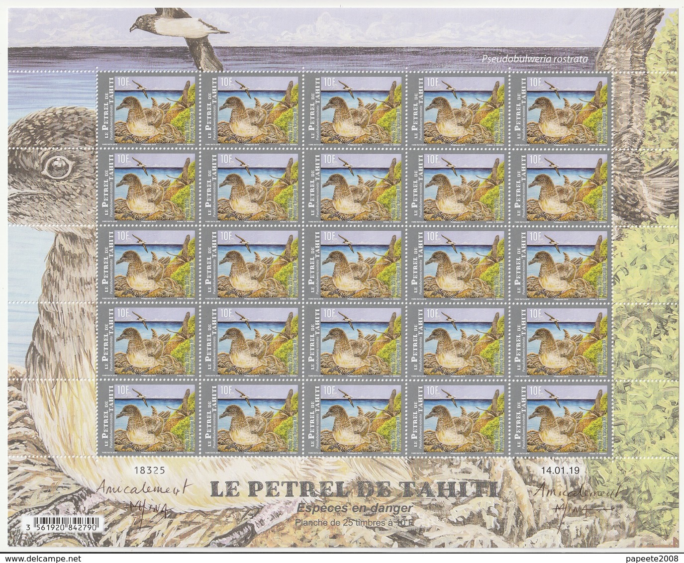 Polynésie Française / Tahiti - Planche/Feuille De 25 Timbres Neufs / 10 F / 14-01-2019 / Le Pétrel De Tahiti "Dédicacé " - Unused Stamps