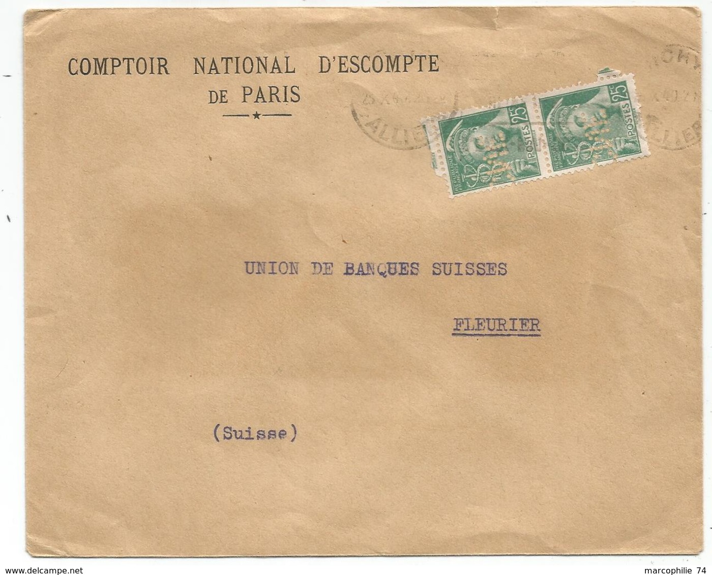 MERCURE 25C PAIRE PERFORE CNE LETTRE ENTETE CNEP DE PARIS VICHY ALLIER 1940 POUR SUISSE PEU COMMUN - 1938-42 Mercure