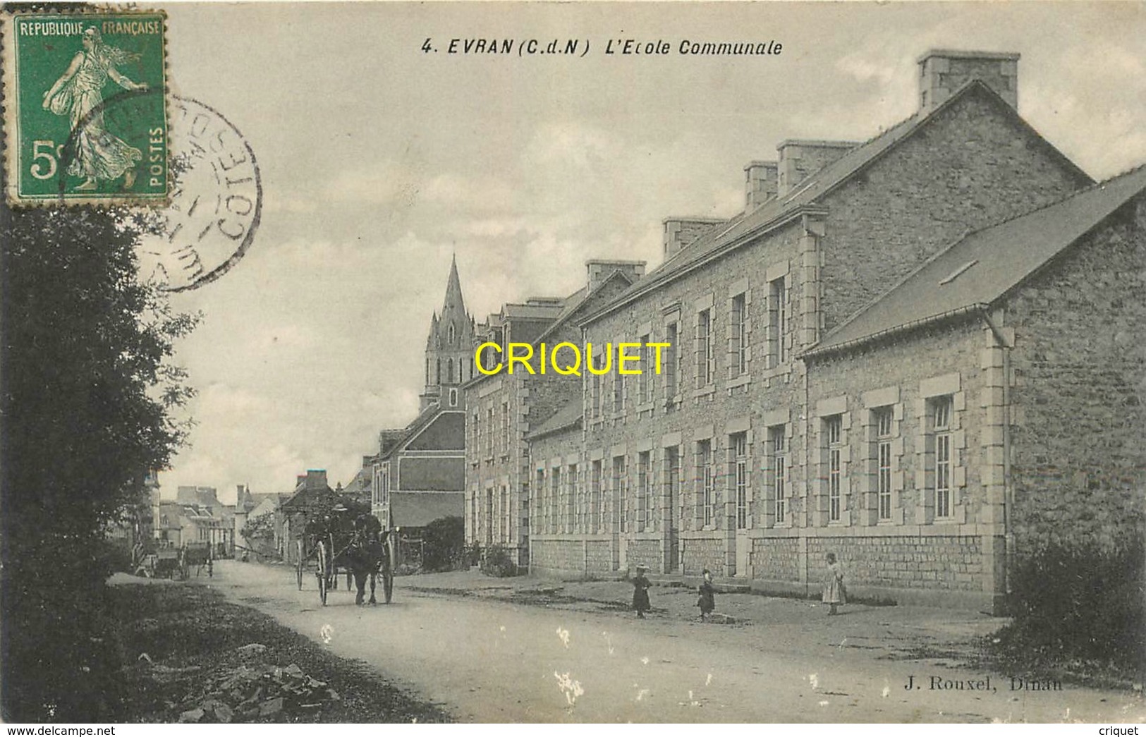 22 Evran, L'Ecole Communale, Charrette Attelée..., Affranchie 1909 - Evran