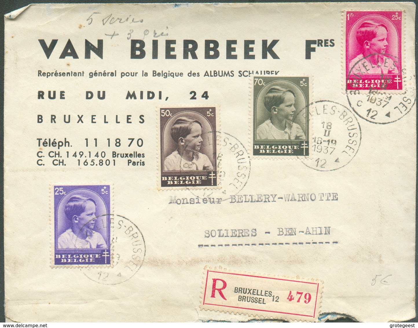 Affr. BAUDOUIN Enfant à 2Fr45 Obl. Sc BRUXELLES 12 Sur Enveloppe Reommandée Du 18-II-1937 Vers Solières (Ben-Ahin)   - 1 - Lettres & Documents