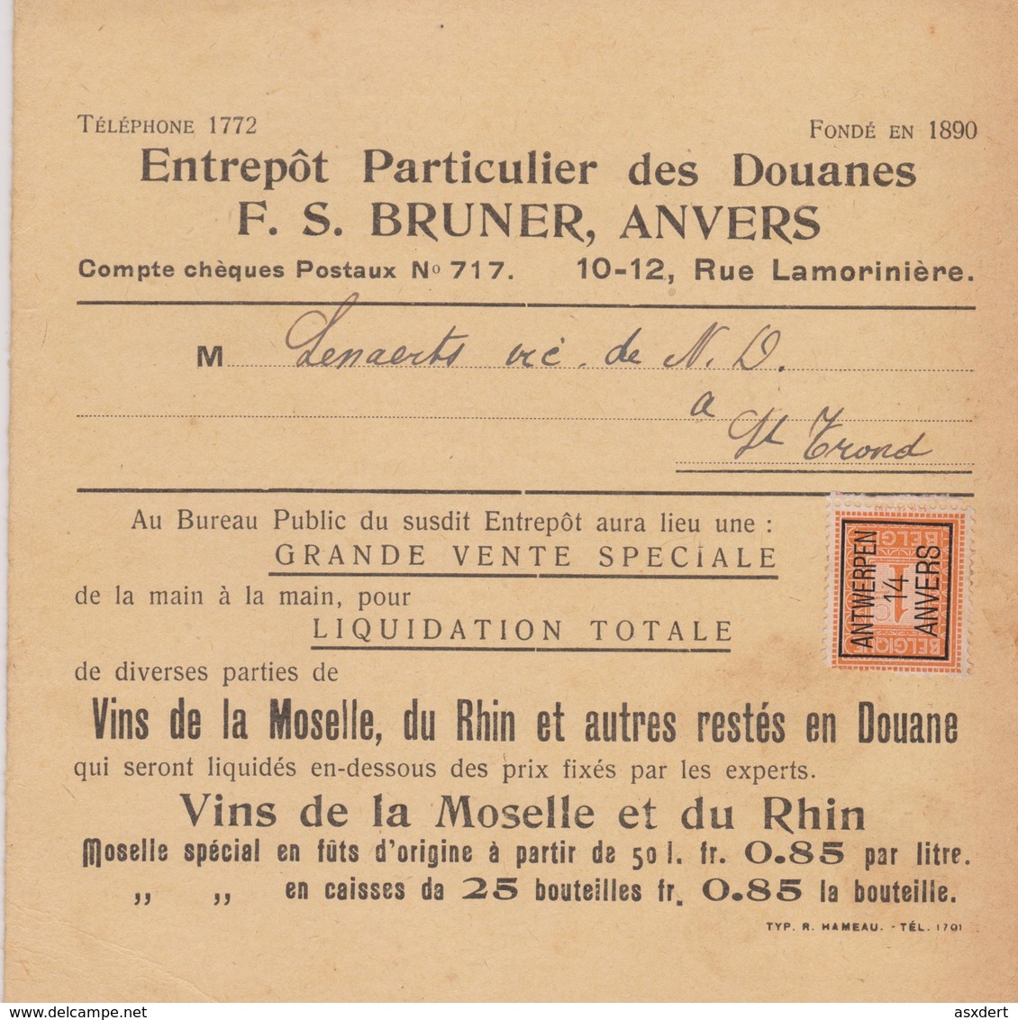 Préo 44 B Anvers 14 Antwerpen Drukw. Des Douanes - Vente Spéciale De Vins Vers St.Trond - St.Truiden - Typo Precancels 1912-14 (Lion)