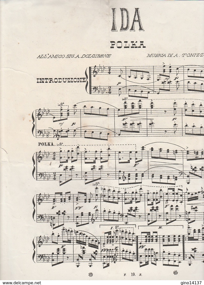 Spartito IDA Polka Per Pianoforte - ANGELO TONIZZO - Autografia Di E. BINI ROMA - Musica Popolare