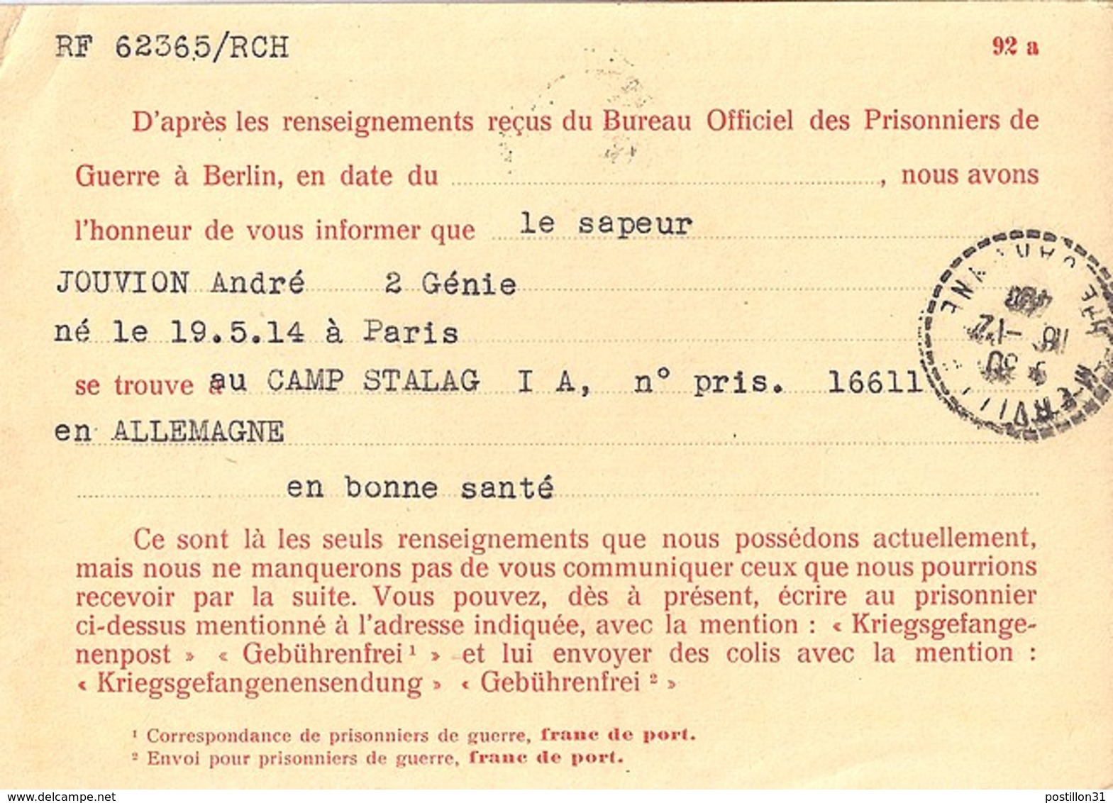 CROIX ROUGE: COMITE INTERNATIONAL CROIX ROUGE/CARTE RENSEIGNEMENT SUR UN PRISONNIER / 1940 - Croix Rouge