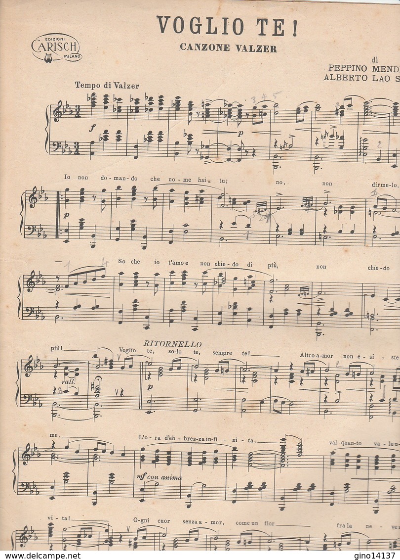 Spartito VOGLIO TE Di P. MENDEI E A. LAO SCHOR - Ed. Carisch & C. Milano 1933 - Musique Folklorique