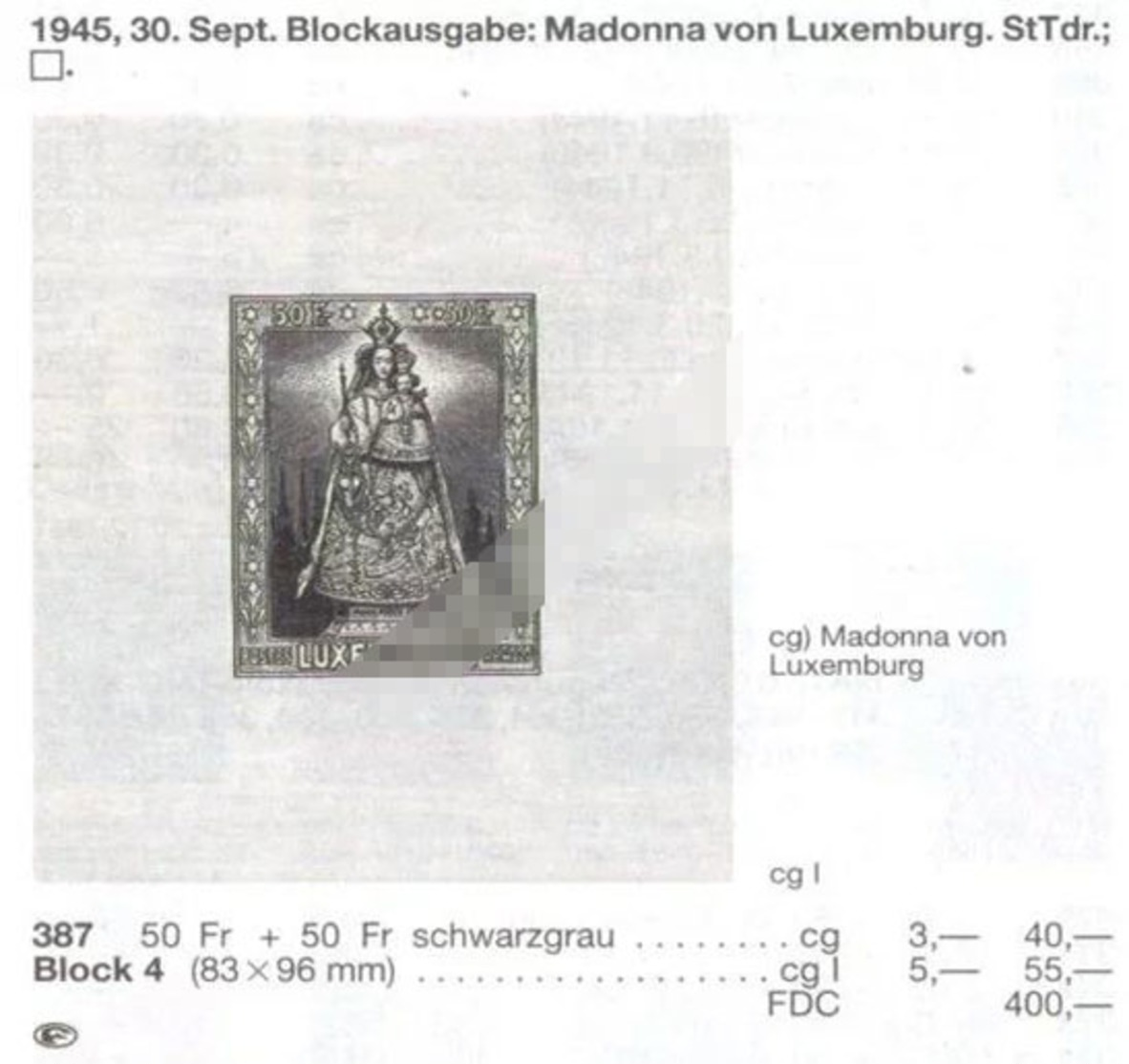 Première Guerre Mondiale, 1946 Religion Christianisme Madonna Rebirth Luxembourg Block - Otros & Sin Clasificación