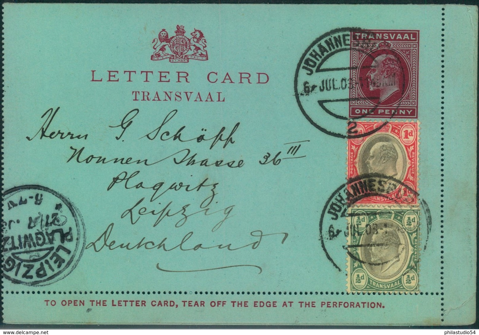 1903, Card Letter 1d Edward VII. With Additional Franking From "JOHANNESBURG" To Leipzig - Transvaal (1870-1909)