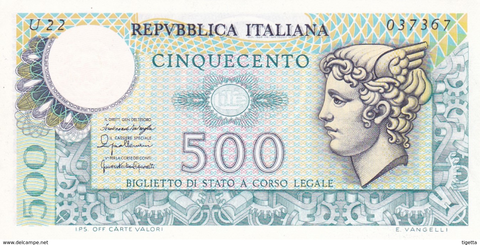 ITALIA BANCONOTA DA LIRE 500 FDS MERCURIO DECRETO 5/6/76  SERIE U22  037367 - 500 Lire