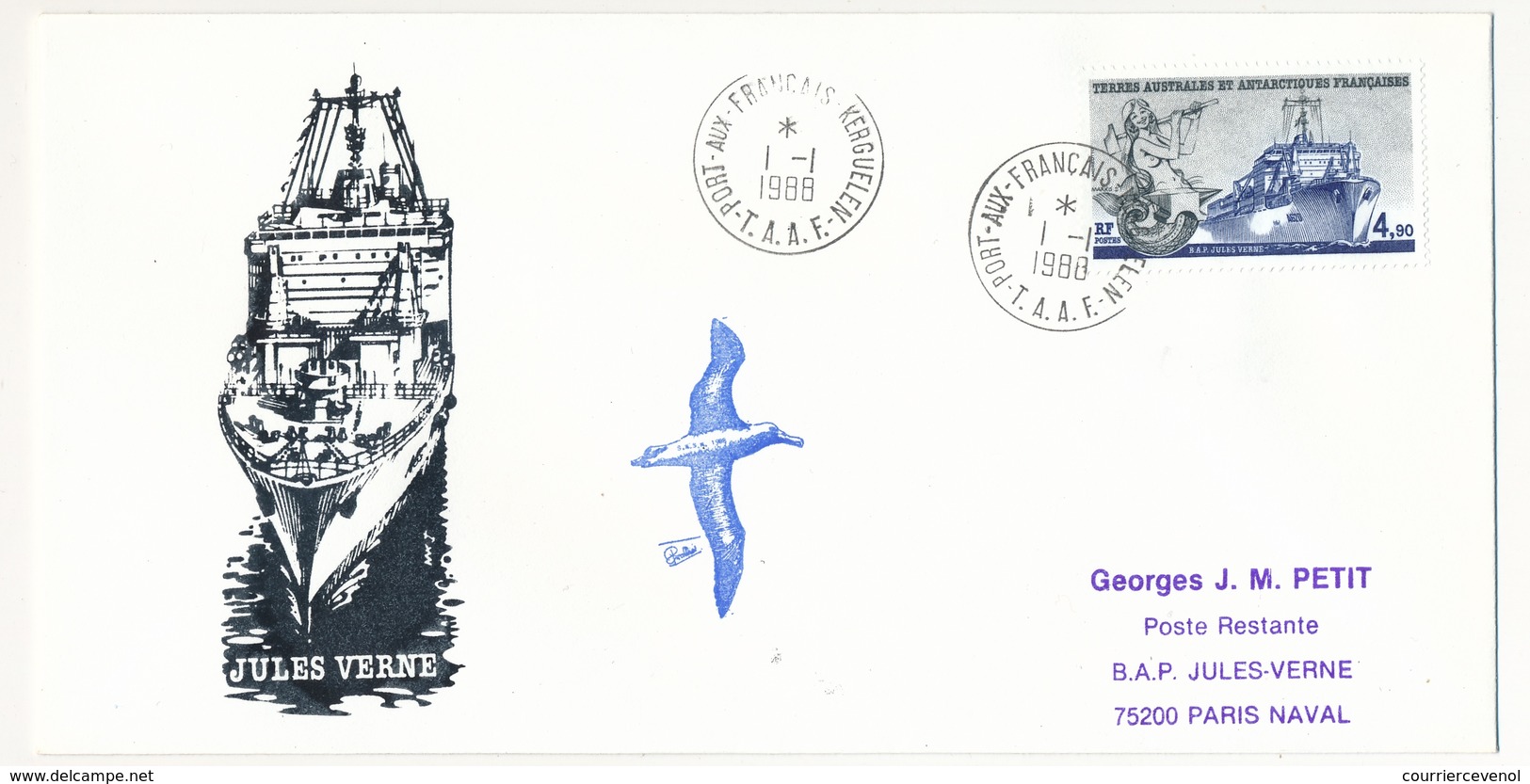 TAAF - Enveloppe FDC - 4,90 "Le Jules Verne" - Port Aux Français Kerguelen - 1-1-1988 - FDC