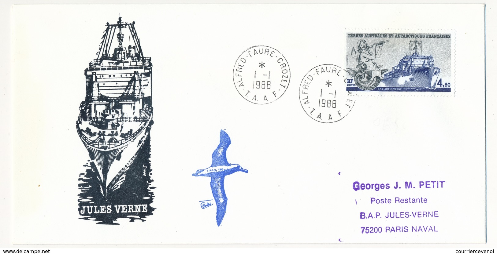 TAAF - Enveloppe FDC - 4,90 "Le Jules Verne" - Alfred Faure Crozet - 1-1-1988 - FDC