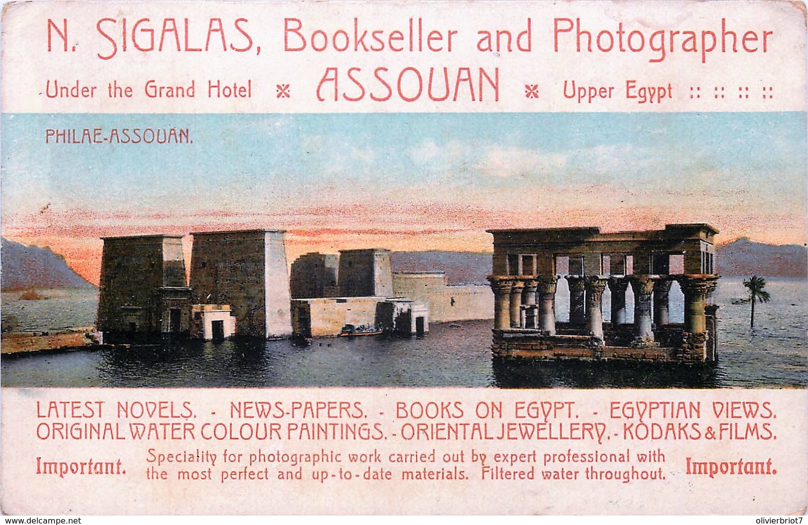 Advertising - Egypt - Assouan - N. Sigalas - Bookseller And Photographer - Werbepostkarten