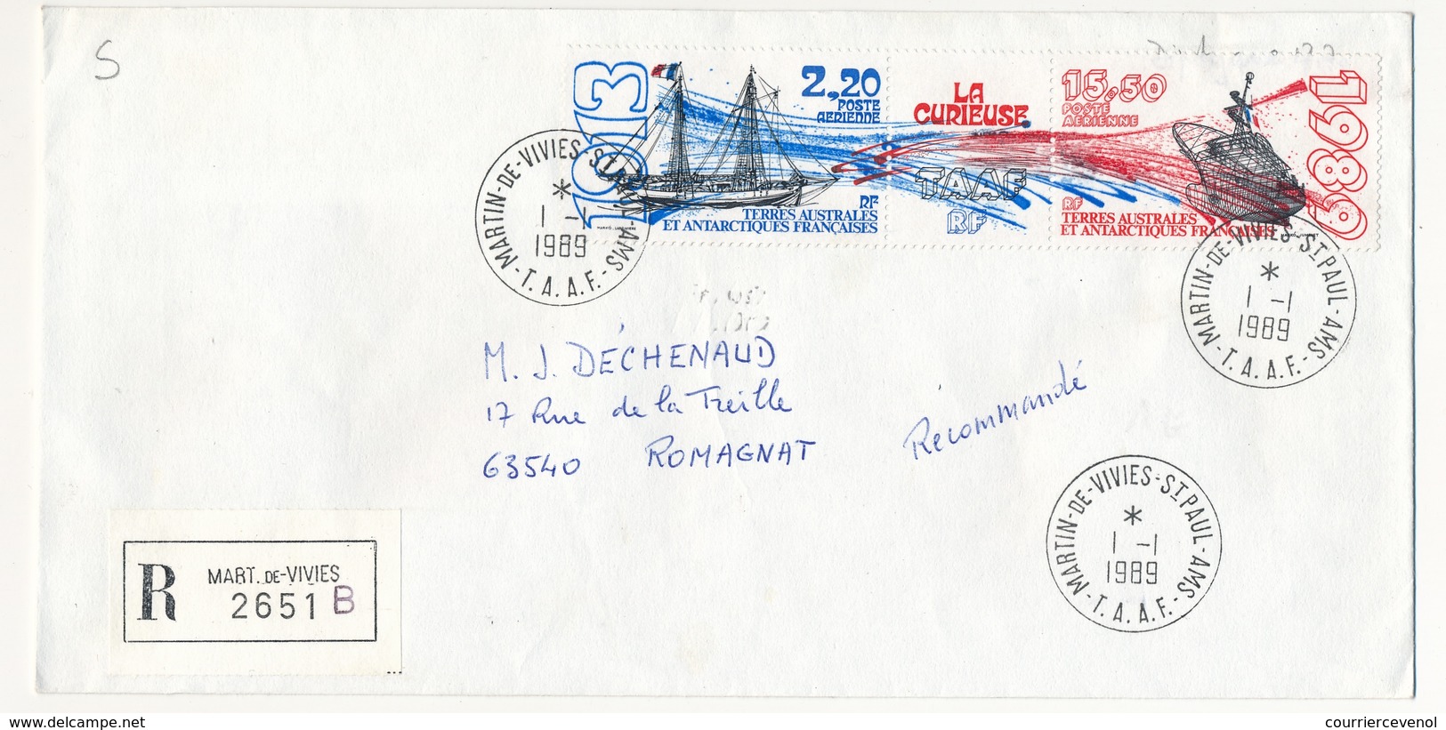 TAAF - Enveloppe Affr. 2,20 Et 15,50 Poste Aérienne "La Curieuse" - Martin De Vivies St-Paul - 1-1-1989 - Lettres & Documents