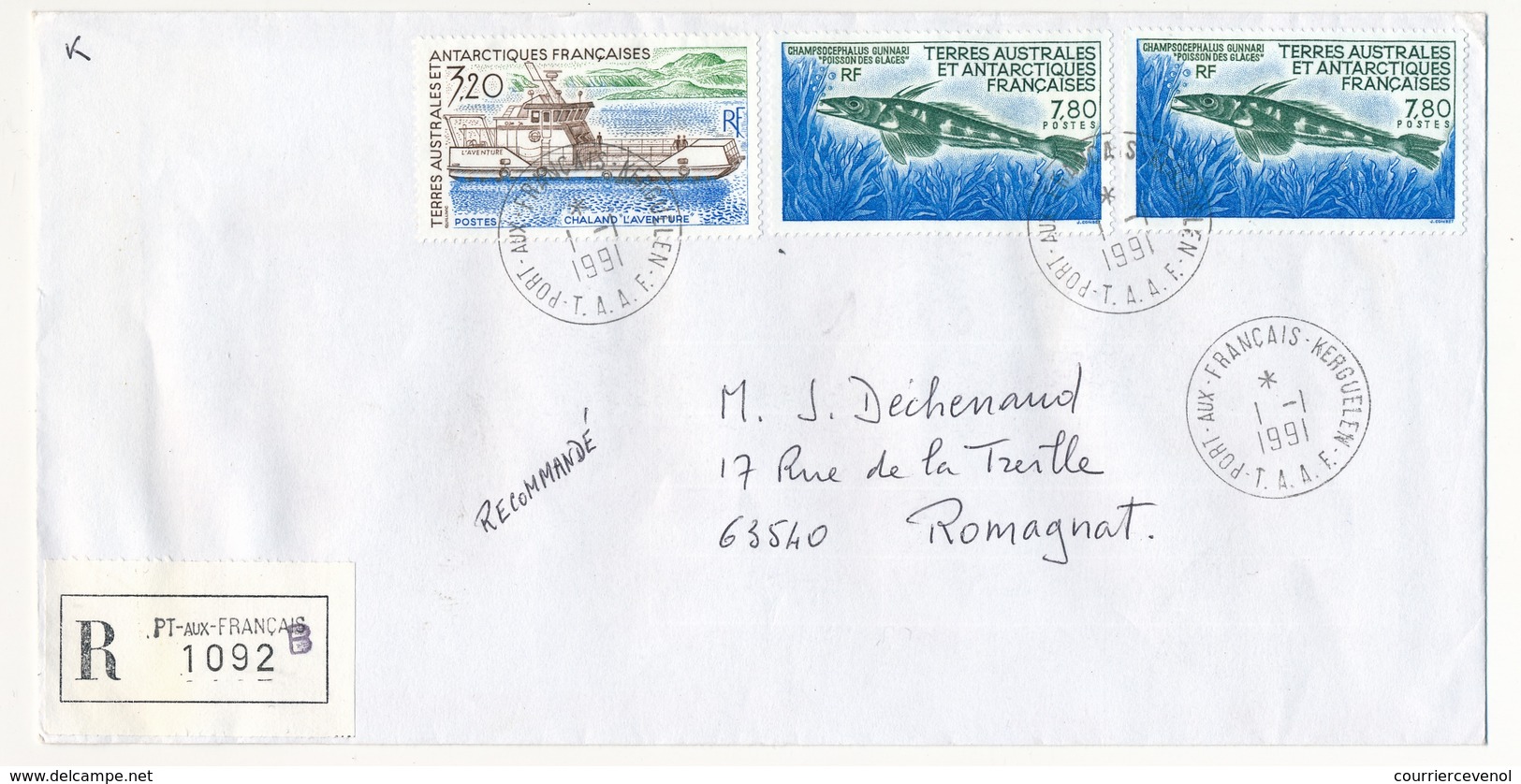 TAAF - Enveloppe Affr. 7,80 Poisson Des Glaces X2 + 3,20 Chaland L'Aventure - Port Aux Français Kerguelen - 1/1/1991 - Brieven En Documenten