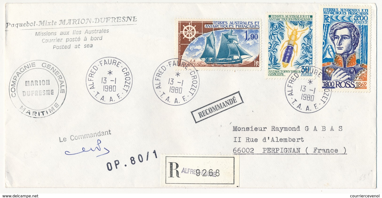 TAAF - Enveloppe Affr. 3,00 Ross + 1,90 La Curieuse + 30F Antartophys - Alfred Faure Crozet - 13/1/1980 - Covers & Documents