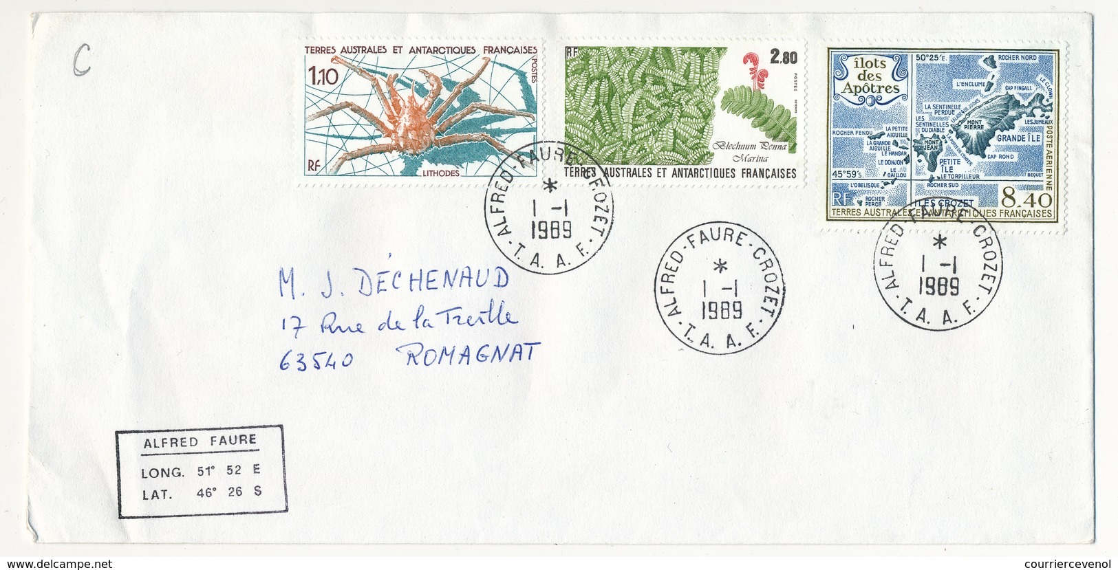 TAAF - Enveloppe Affr. 8,40 Ilot Des Apotres + 2,80 Blechnum + 1,10 Lithodes - Alfred Faure Crozet - 1/1/1989 - Lettres & Documents