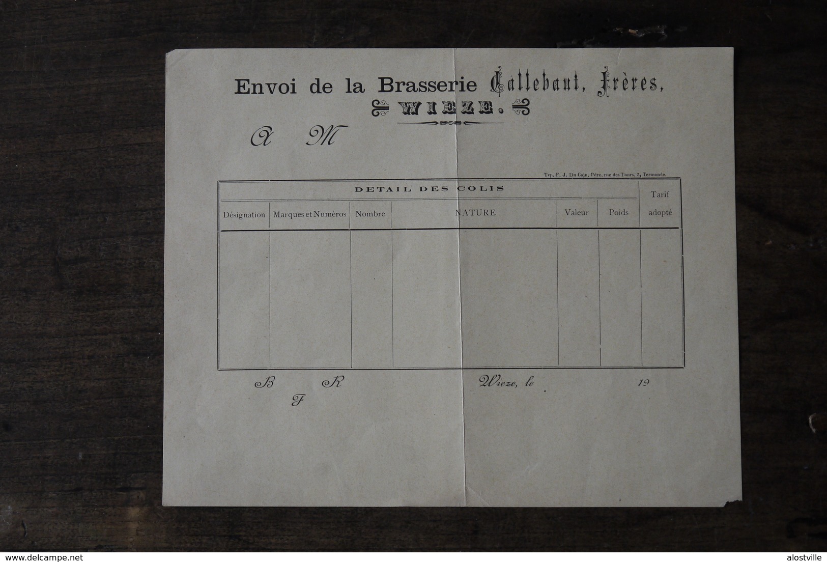 Aalst Wieze Document  Brouwerij Callebaut Freres Begin 1900' - Documents Historiques