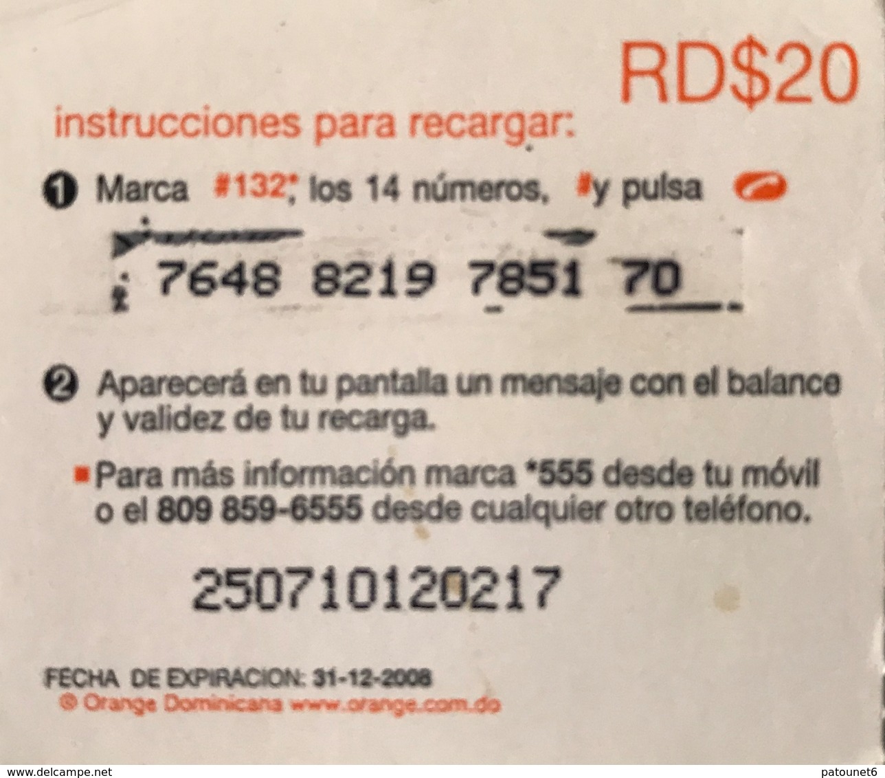 DOMINICAINE  -  Recharge ORANGE  -  RD$20 - Dominicaanse Republiek