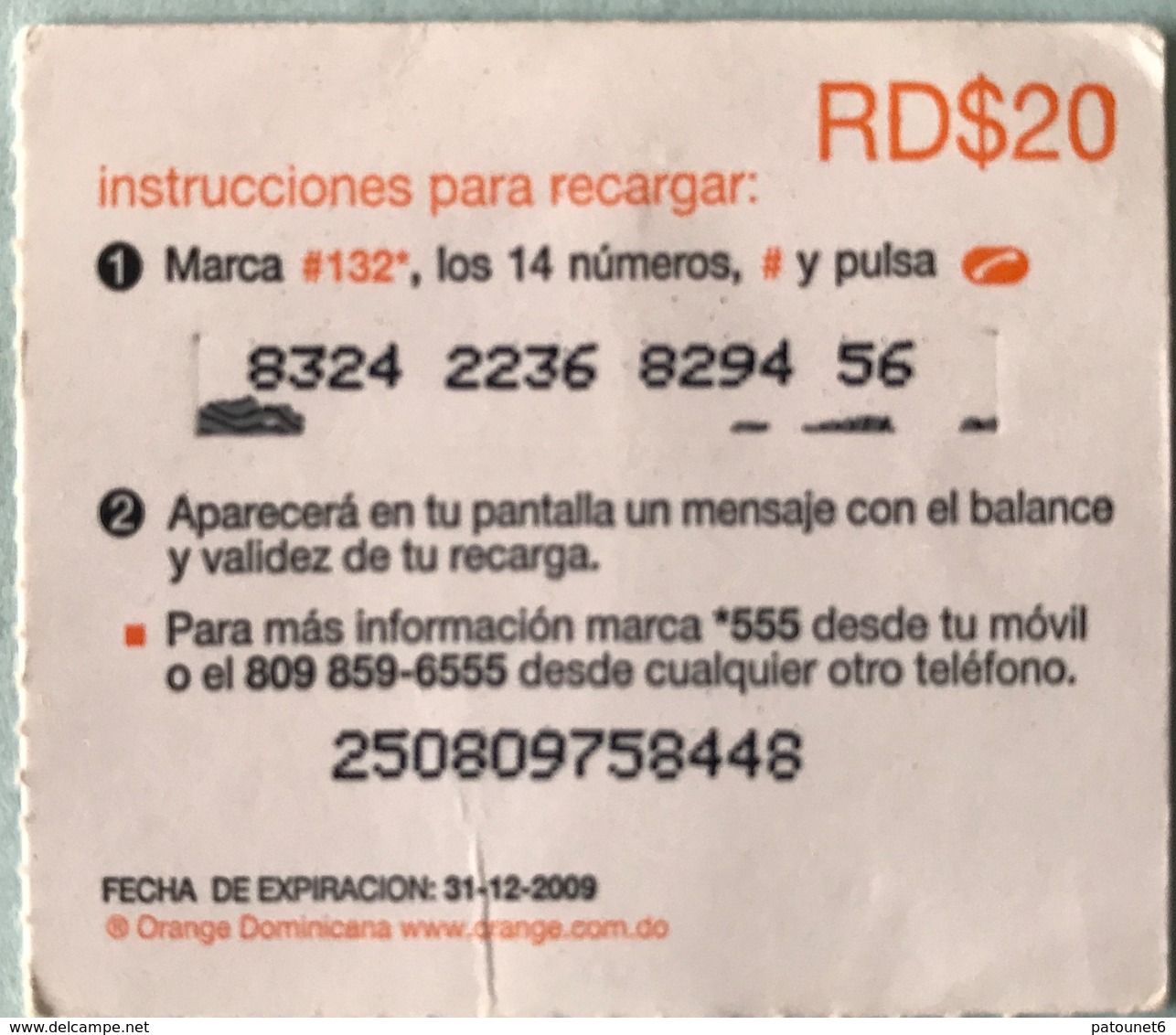 DOMINICAINE  -  Recharge ORANGE  -  RD$20 - Dominicana
