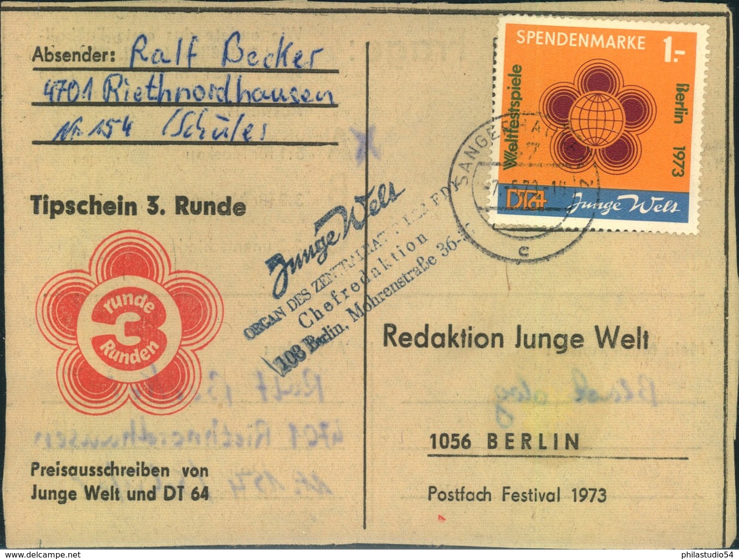 1972/1973, 1 Mark Spendenmarke Gelb/magenta Auf Karte An Die "Junge Welt" Entwertet "SANGERHAUSEN" - Brieven En Documenten