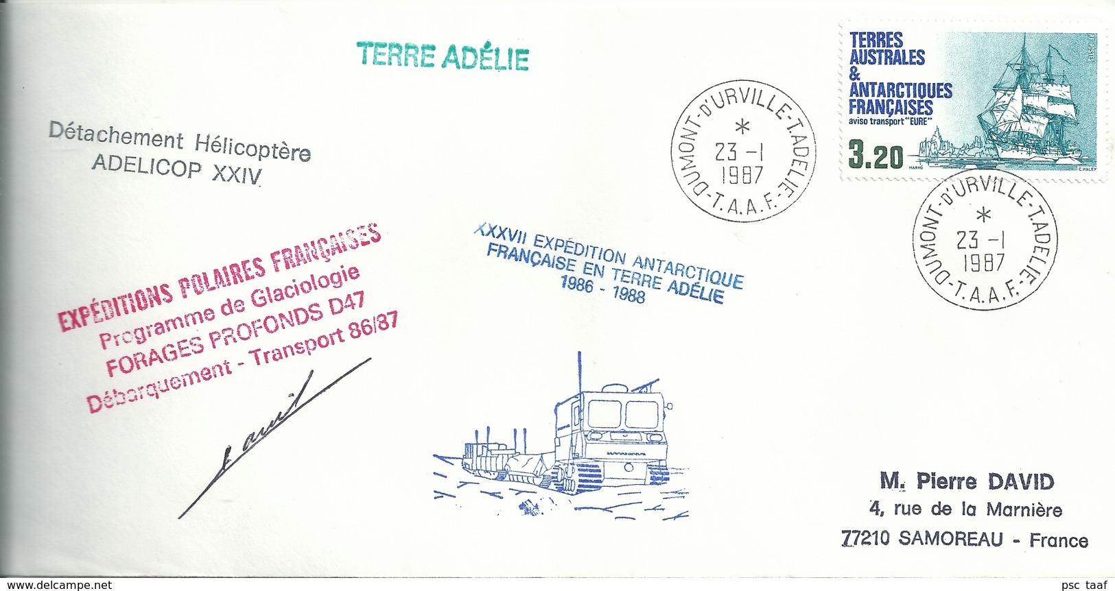 YT 129 Aviso Eure - Détachement Hélicoptère - Dumont D'Urville - Terre Adélie - 23/01/1987 - Lettres & Documents