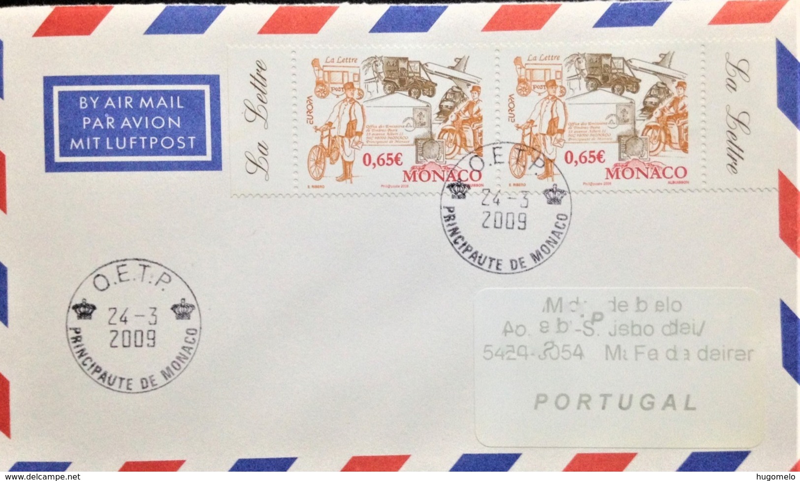 Monaco, Cirulated Cover To Portugal, "Europa Cept", "Written Letters", 2009 - Covers & Documents