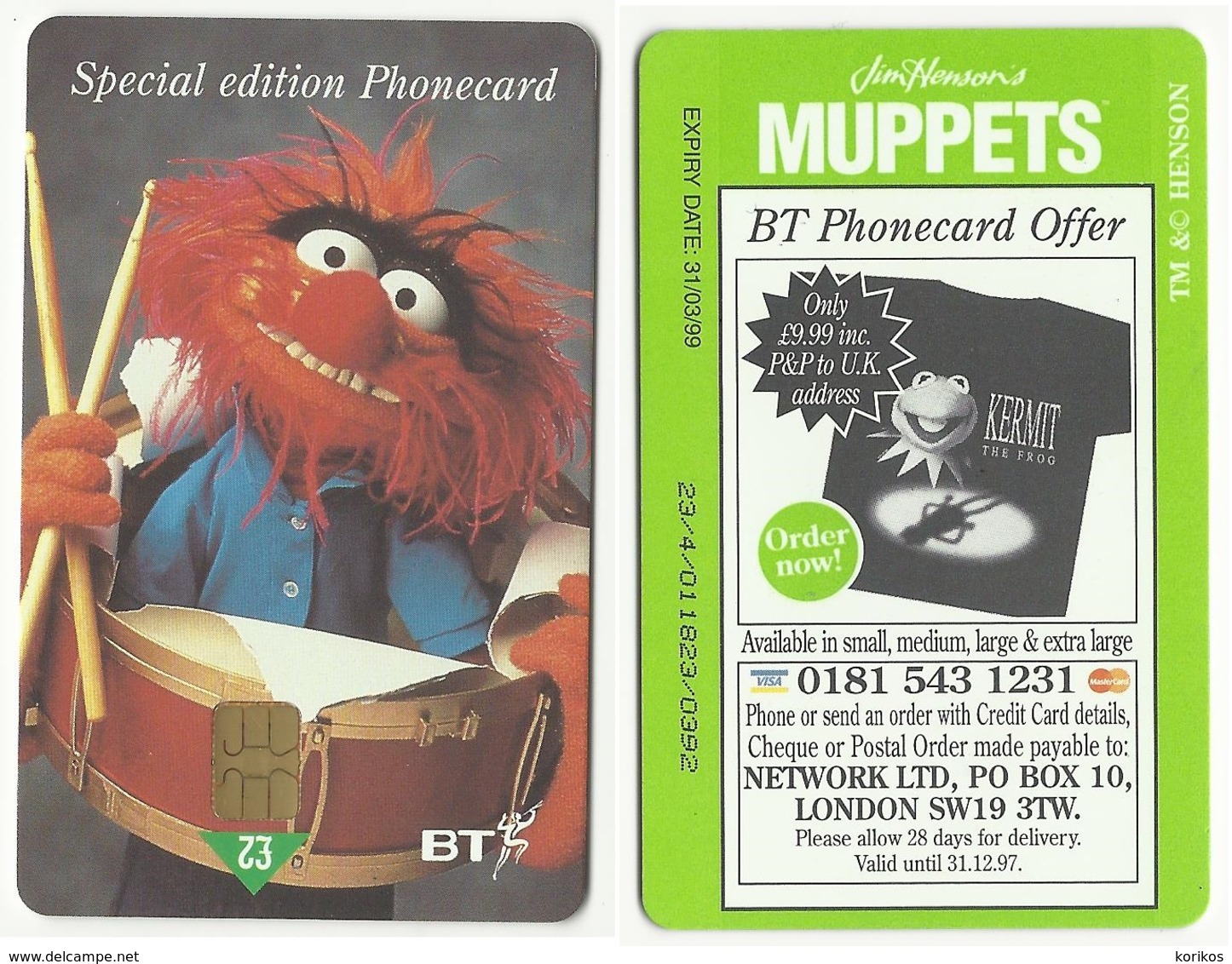 BT PHONECARD – MUPPETS ANIMAL – SPECIAL EDITION - 1999 – BRITISH TELECOM - GREAT BRITAIN - UK - USED - Otros & Sin Clasificación