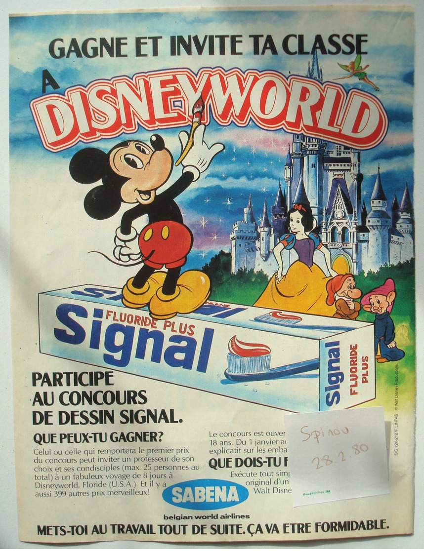 Publicité Dentifrice SIGNAL Disney Mickey Blanche-Neige Sabena. - Spirou 1980. - Werbung