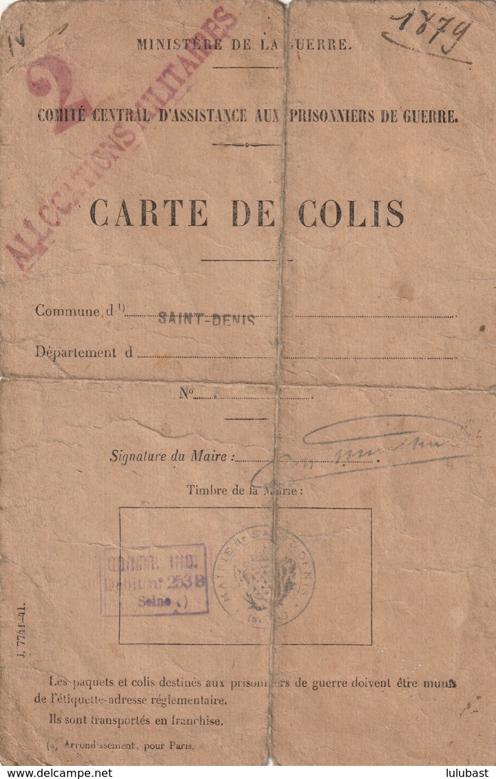 Guerre 39-45: Carte Croix-Rouge Pour Envoi De Colis Du Comité D'assistance Aux Prisonniers De Guerre De St. Denis (93). - 1939-45