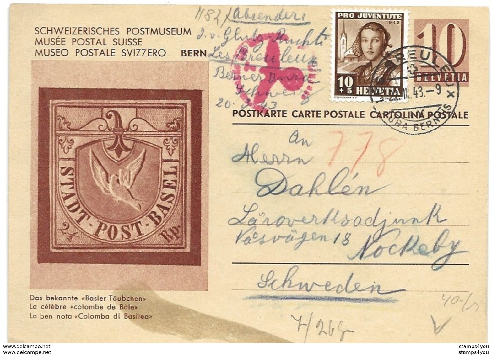 231 - 18 - Entier Postal "musée Postal" Envoyé De Les Breuleux En Allemagne 1943 - Censure - Entiers Postaux