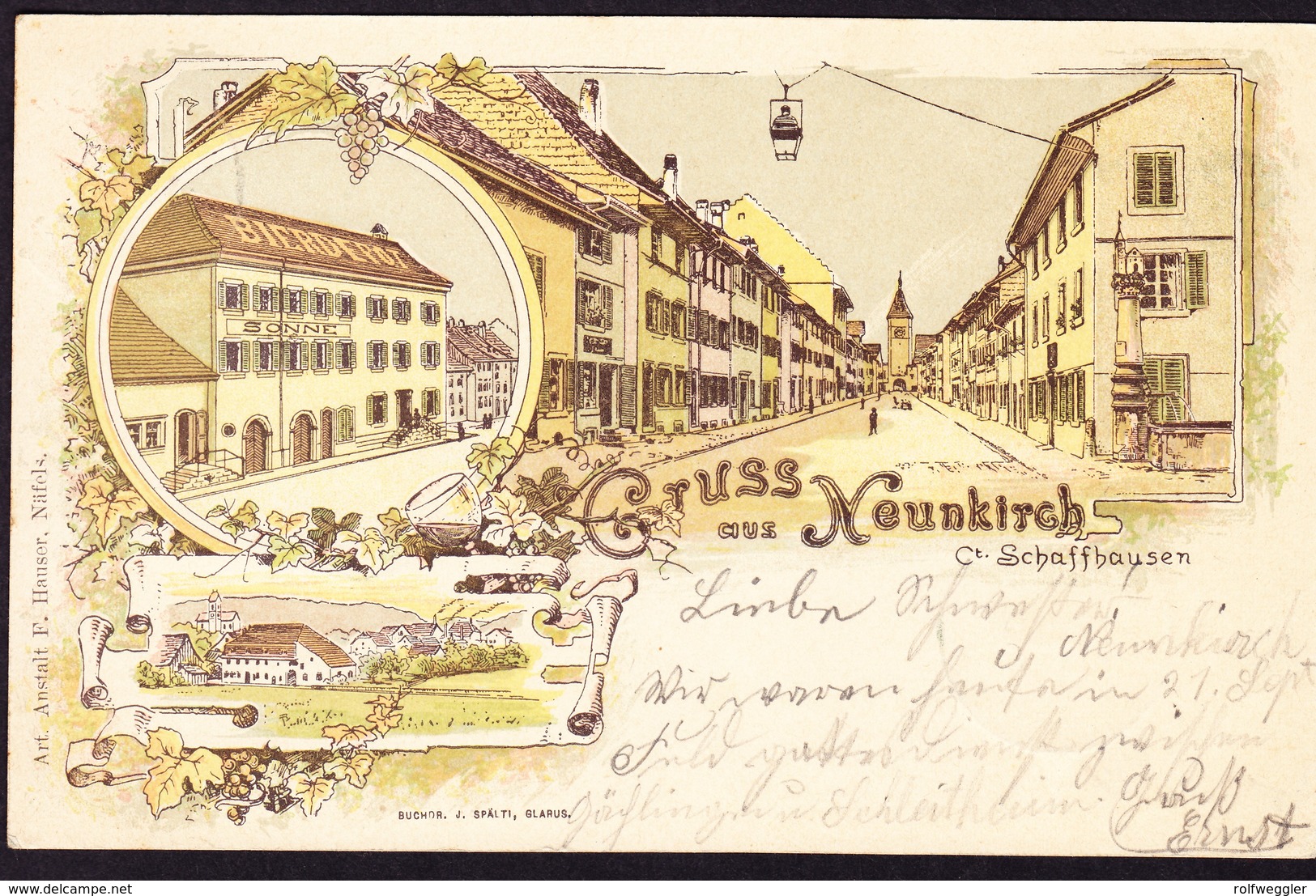 1902 Lithokarte Aus Neunkirch Mit Bierdepot, Sonne, Gelaufen Nach St. Sulpice - Neunkirch