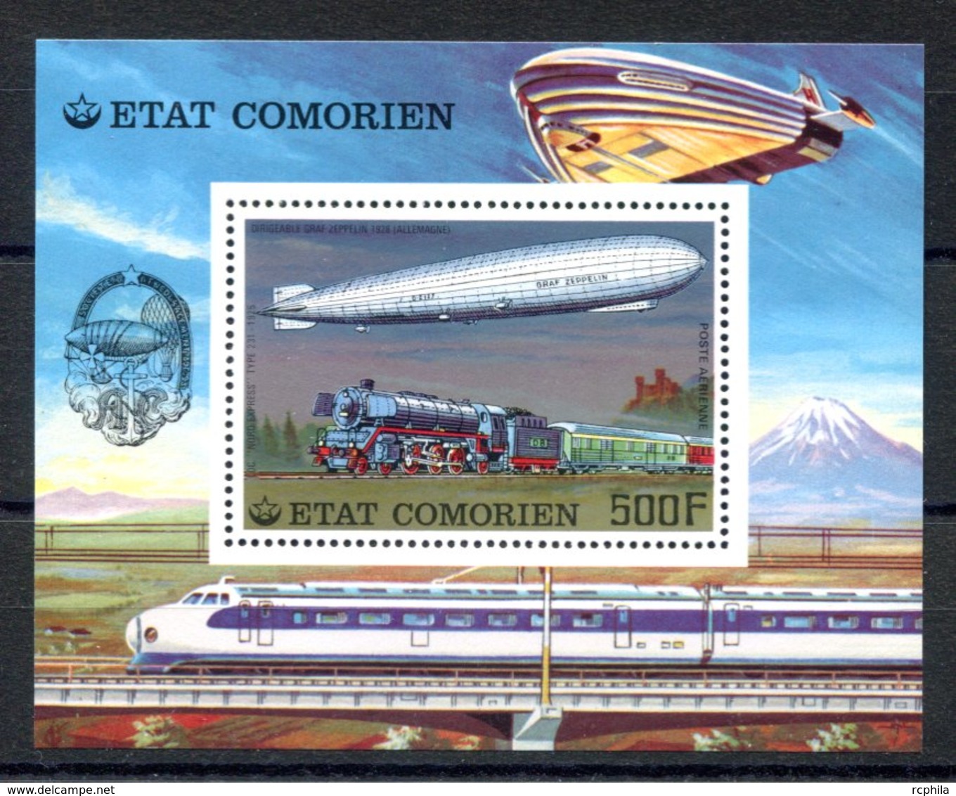 RC 16172 COMORES BLOC ZEPPELIN ET TRAIN LOCOMOTIVE DENTELÉ NEUF ** TB - MNH VF - Komoren (1975-...)