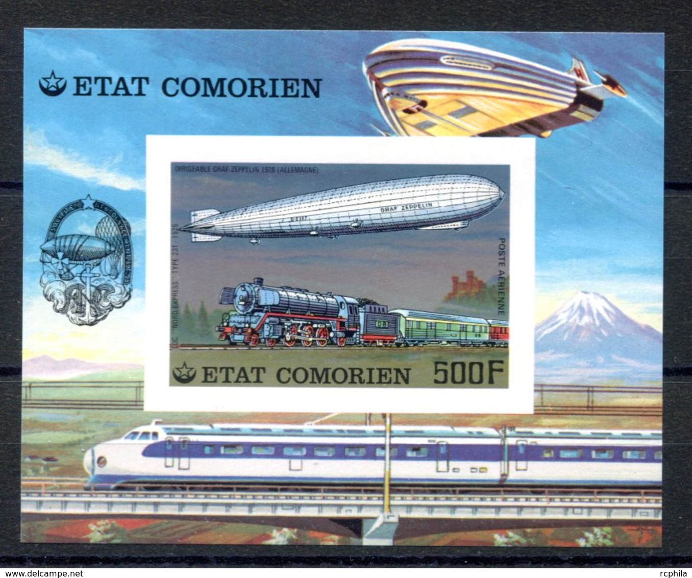 RC 16173 COMORES BLOC ZEPPELIN ET TRAIN LOCOMOTIVE NON DENTELÉ NEUF ** TB - MNH VF - Komoren (1975-...)