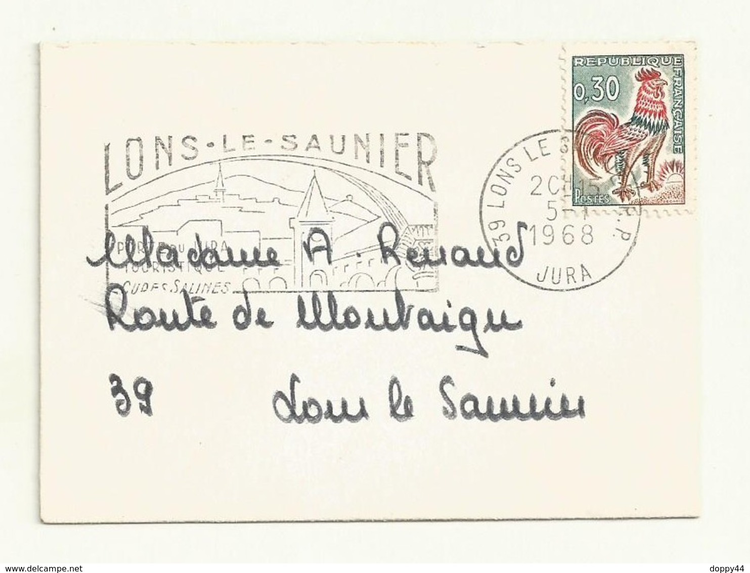 COQ DECARIS  SUR  MINI ENVELOPPE  7.4 X 10 Cm + FLAMME LONS LE SAUNIER - 1962-1965 Hahn (Decaris)