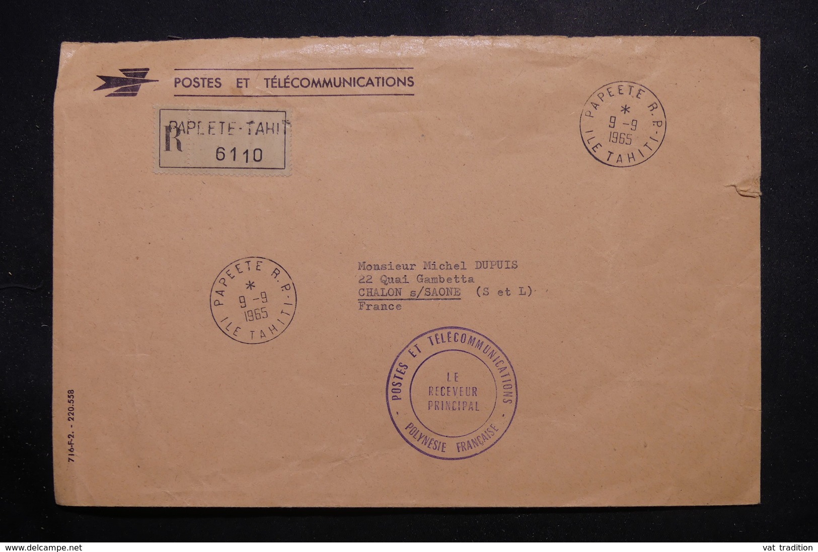 POLYNÉSIE - Enveloppe Des PTT En Recommandé De Papeete Pour La France En 1965 - L 56042 - Storia Postale