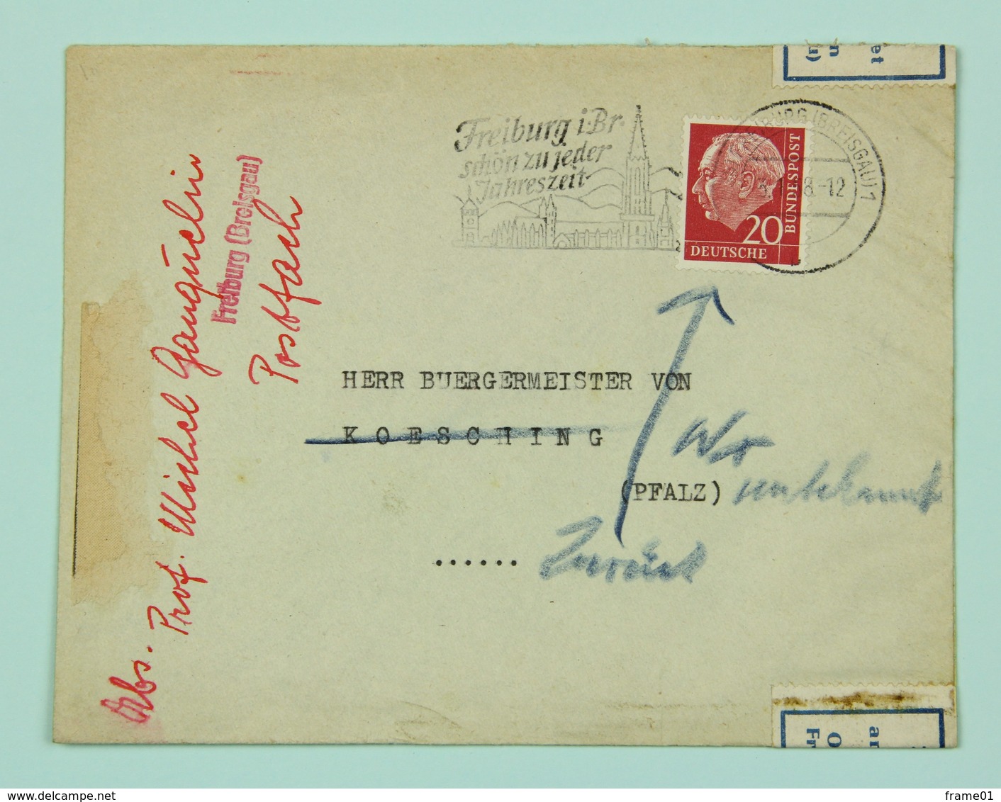 Brief 1958 Freiburg I. Breisgau --> Koesching, Fr. 20 Pf, Zurück, Streifen "amtlich Geöffet . . " - Briefe U. Dokumente