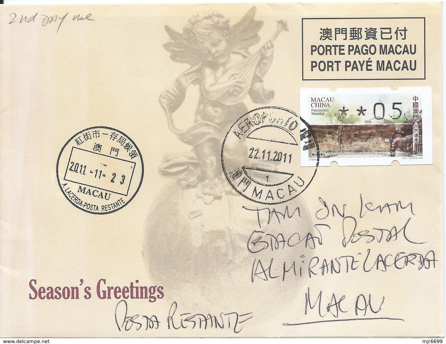 MACAU 2011 CHRISTMAS GREETING CARD & POSTAGE PAID COVER LOCAL USAGE ON 2ND DAY - Postwaardestukken