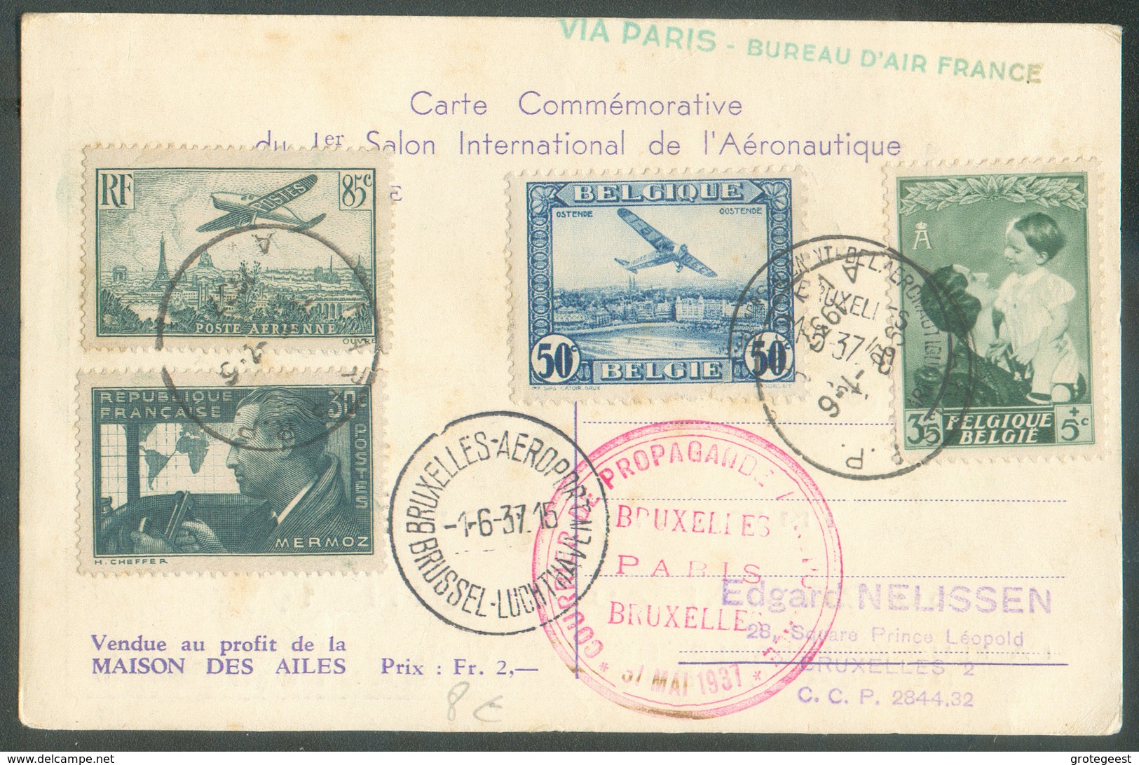 CV (1er Salon Aéronautique) Avecaffr. Mixte BELGIQUE FRANCE PA Sc BRUXELLES AEROPORT Du 1-6-1937 + Sc Rouge COURRIER DE - Sonstige & Ohne Zuordnung