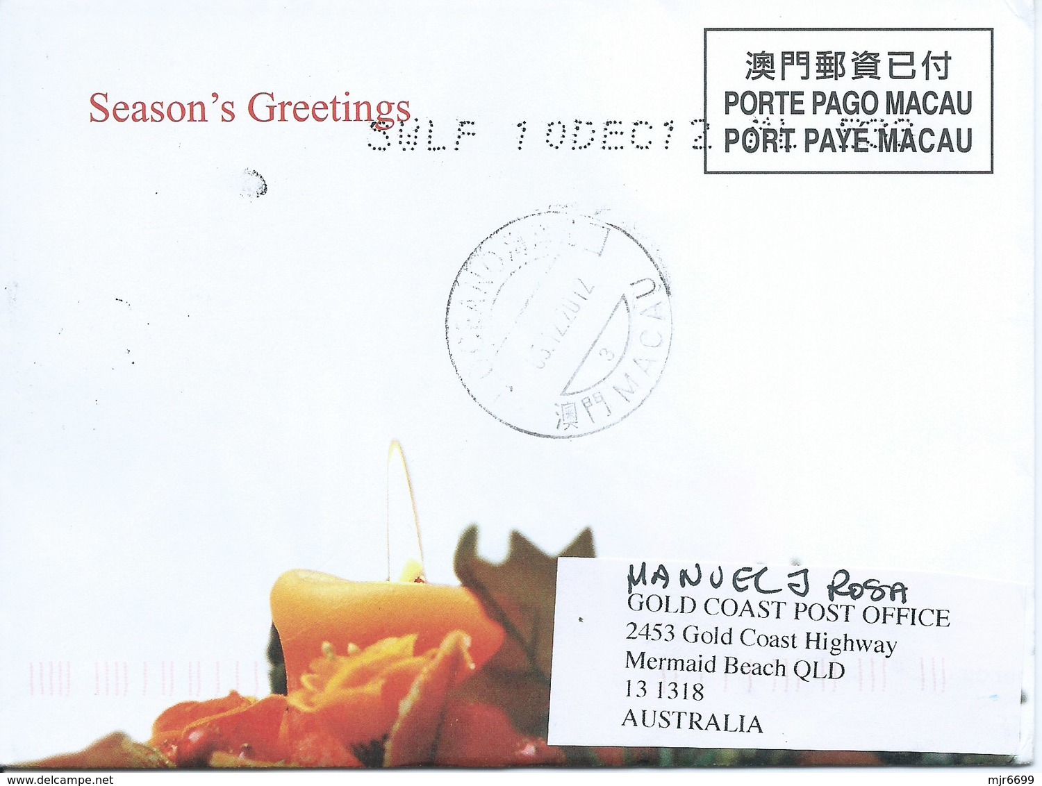 MACAU 2012 CHRISTMAS GREETING CARD & POSTAGE PAID COVER FIRST DAY USAGE TO AUSTRALIA - Postwaardestukken